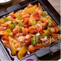 42. Овощи с креветками в сковороде 铁板蔬菜虾仁